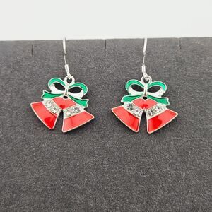 Christmas Bell Enamel Dangle Drop Earrings Sterling Silver Hook Holiday Party